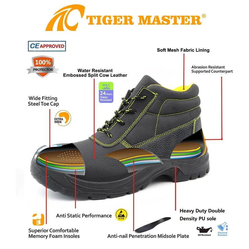 Cina TM008 Stivali di sicurezza antiscivolo antiforatura con punta in acciaio in pelle nera per l'edilizia produttore
