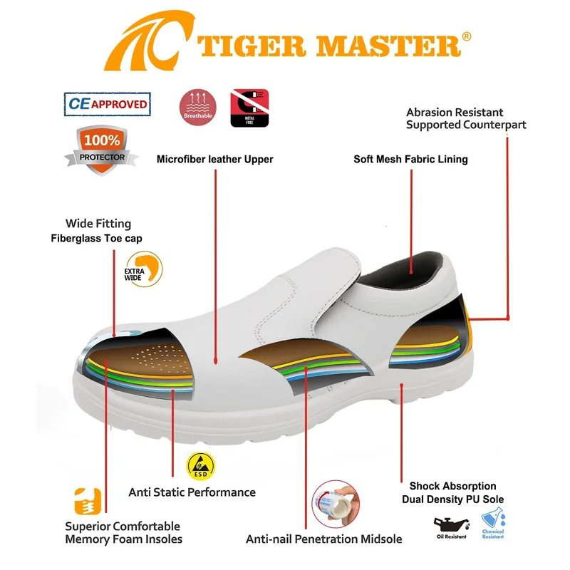 中国 TM3389 防滑防静电白色厨房厨师安全鞋带玻璃纤维鞋头 制造商