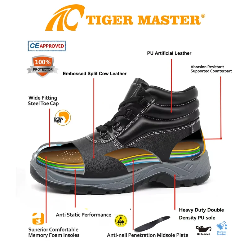 China TM071 Anti-slip Steel Toe Puncture-proof Leather Industrial Safety Shoes Black manufacturer