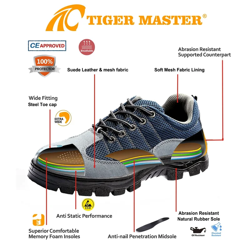 중국 TM3402 미끄럼 방지 고무 밑창 스웨이드 가죽 강철 발가락 안전화 창고 제조업체