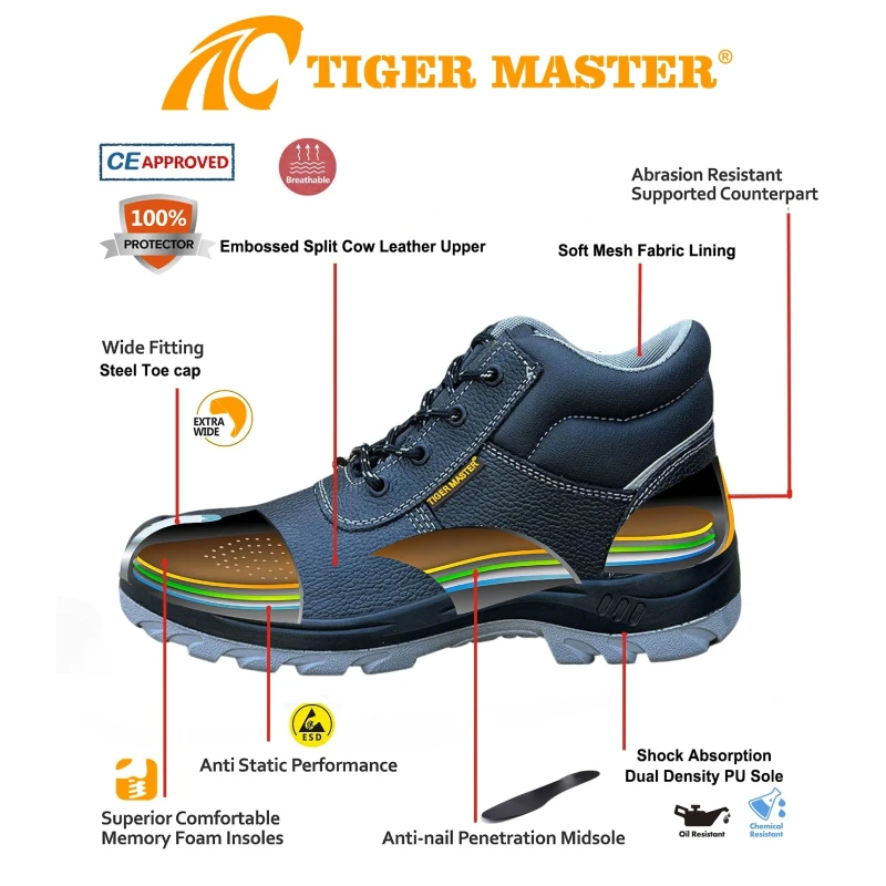 China TM3407 Anti-slip lederen industriële veiligheidslaarzen met stalen neus en anti-lek voor heren fabrikant