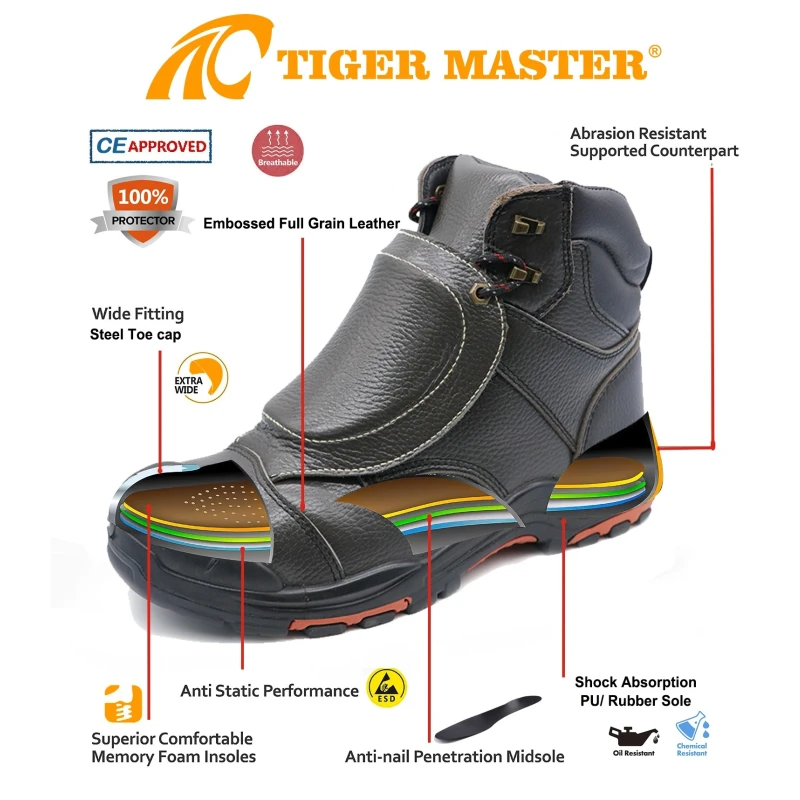 porcelana TM3409 Zapatos de seguridad antideslizantes para soldadura de cuero genuino con protección contra chispas y punta de acero fabricante
