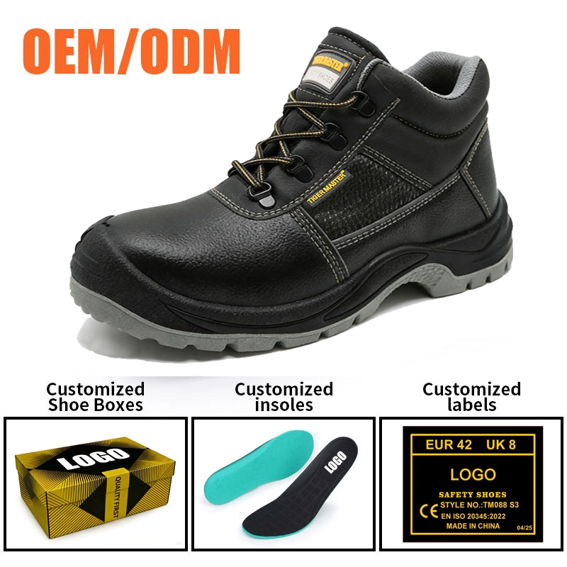 China TM3412 EU Steel Toe Anti-puncture Black Leather Industrial Safety Boots for Men manufacturer
