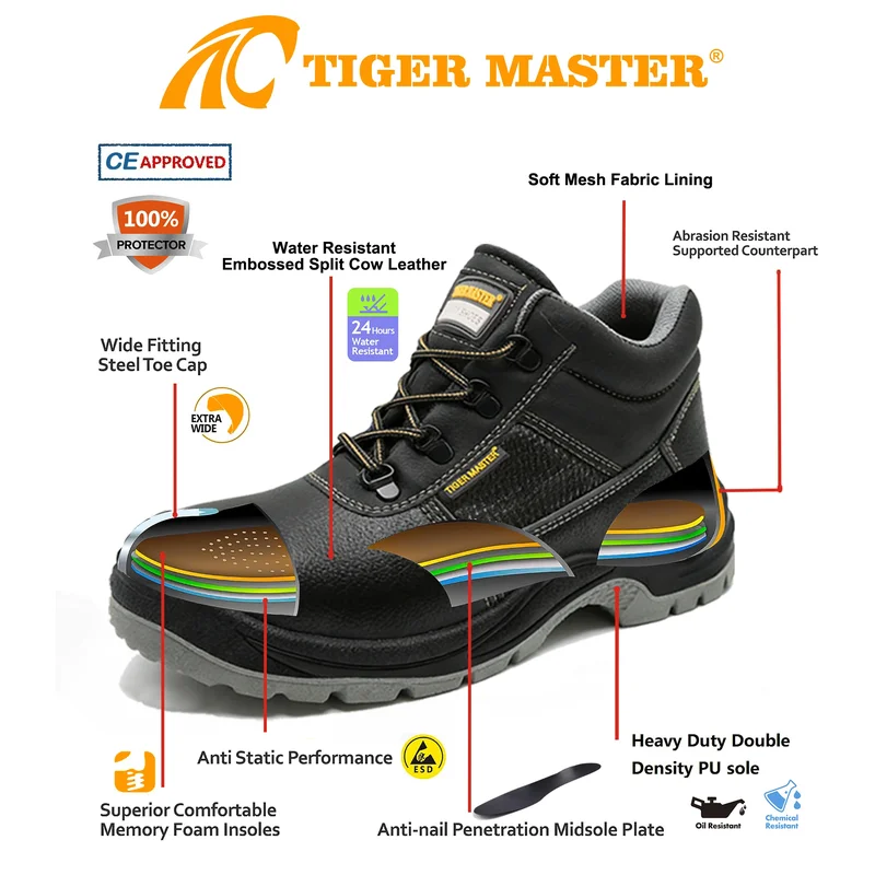 China TM3412 EU Steel Toe Anti-puncture Black Leather Industrial Safety Boots for Men manufacturer