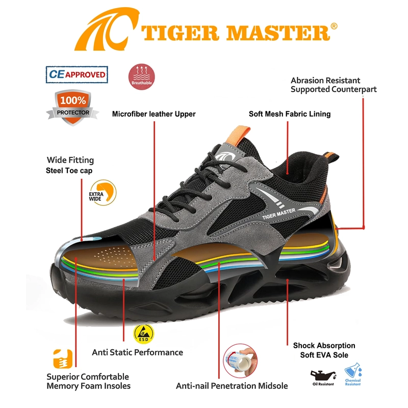 China TM3415 Grey Anti-slip Steel Toe Puncture-proof Comfort Safety Shoes Sport Design manufacturer