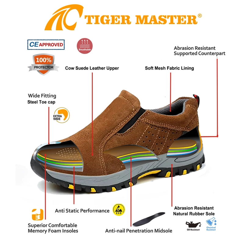 China TM3421 Anti-slip Rubber Sole Steel Toe Brown Suede Leather Work Shoes without Laces manufacturer