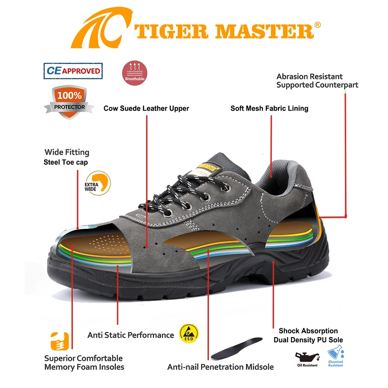 China TM3422 Grey Suede Leather Wide Steel Toe Anti-puncture Warehouse Work Shoes manufacturer
