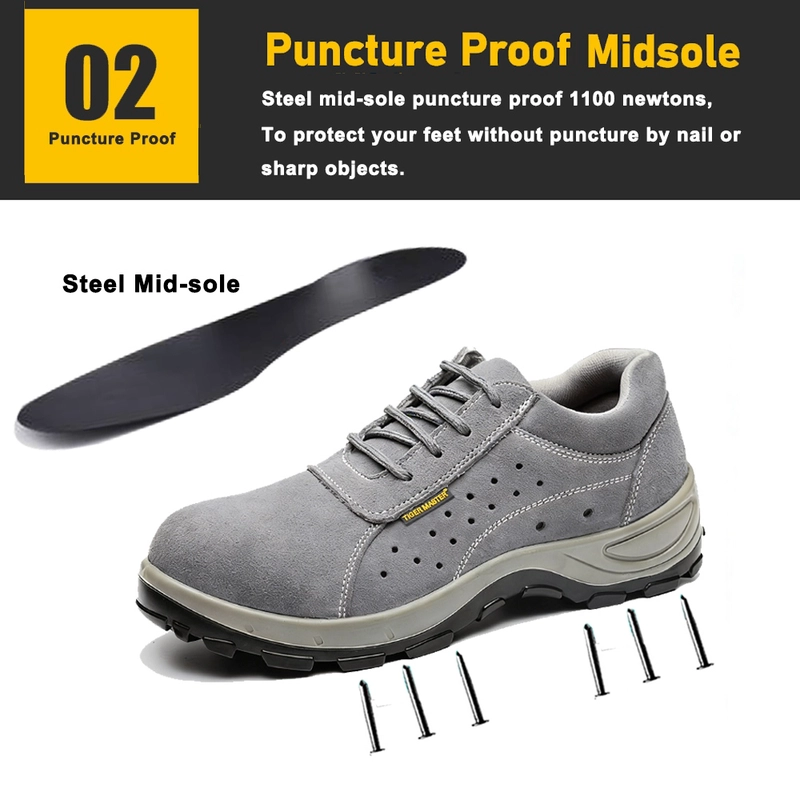 China TM3423 Slip Resistant Wide Steel Toe Anti-puncture Breathable Grey Suede Safety Shoes manufacturer