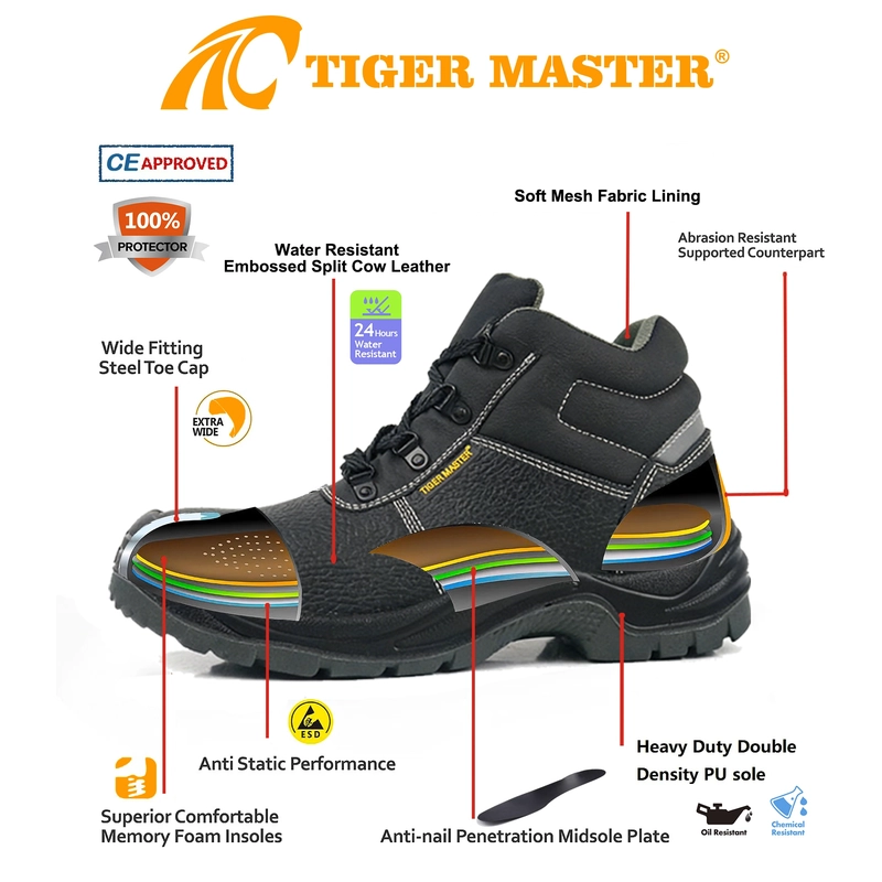 Cina TM3425 Calzature di sicurezza da costruzione antiperforazione con punta larga in acciaio in pelle nera produttore