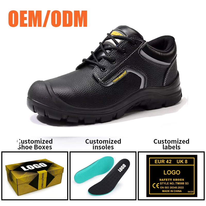 China TM3428 Black Leather Steel Toe Anti-puncture Construction Work Shoes for Men manufacturer