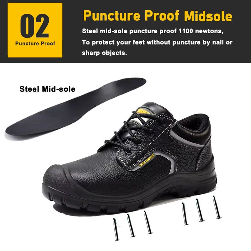 China TM3428 Black Leather Steel Toe Anti-puncture Construction Work Shoes for Men manufacturer