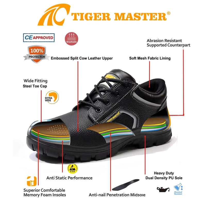 China TM3428 Black Leather Steel Toe Anti-puncture Construction Work Shoes for Men manufacturer