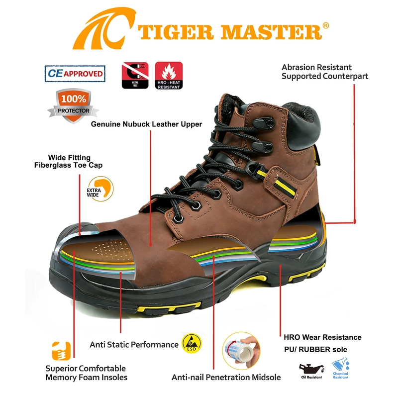 China TM3431 Nubuck Leather Fiberglass Toe High Quality Safety Boots PU Rubber Sole manufacturer