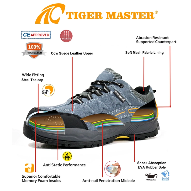 중국 TM3451 남성용 강철 발가락 방지 천공 블루 스웨이드 하이킹 스포츠 안전화 제조업체