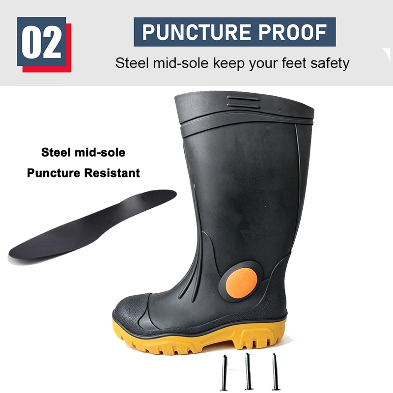Chine GB39 Bottes de pluie de sécurité en PVC noir avec embout en acier et semelle intercalaire en acier imperméables et résistantes avec logo fabricant