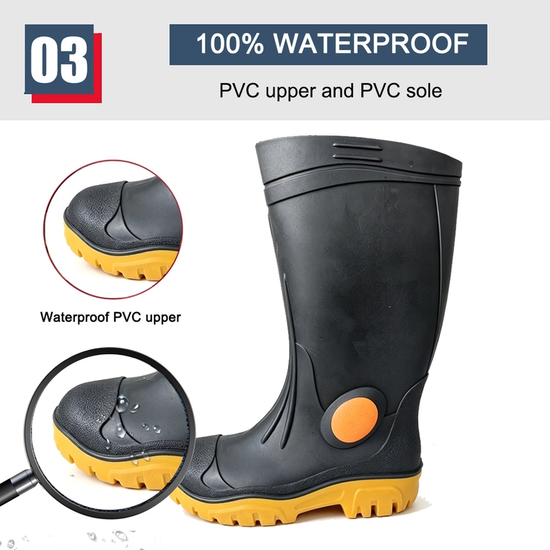 Chine GB39 Bottes de pluie de sécurité en PVC noir avec embout en acier et semelle intercalaire en acier imperméables et résistantes avec logo fabricant