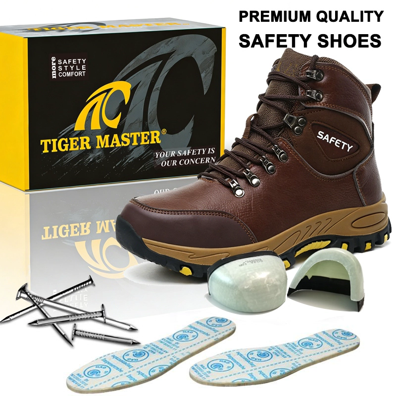중국 TM3470 브라운 풀 그레인 가죽 안전화 유리 섬유 발가락 펑크 방지 고무 밑창 제조업체