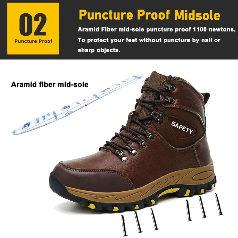 중국 TM3470 브라운 풀 그레인 가죽 안전화 유리 섬유 발가락 펑크 방지 고무 밑창 제조업체