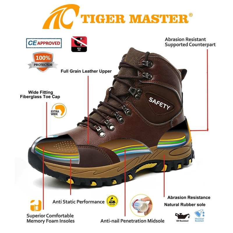 중국 TM3470 브라운 풀 그레인 가죽 안전화 유리 섬유 발가락 펑크 방지 고무 밑창 제조업체