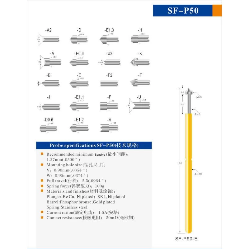 China SFENG Brand P50 series test probe for gold or nickel plated manufacturer