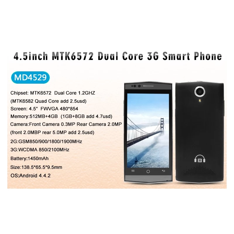China 34.5 USD low price smartphone 4.5 inch 512MB 4GB 854 * 480 2 million pixel camera phone MD4529 manufacturer