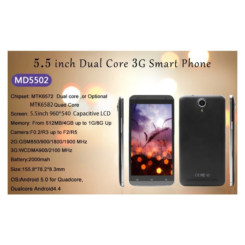 China 5.5-inch MTK6572 dual-core 512MB 4GB 960×540 resolution front 300,000 pixels rear 2 million pixels 52USD low-price smartphone MD5502 manufacturer
