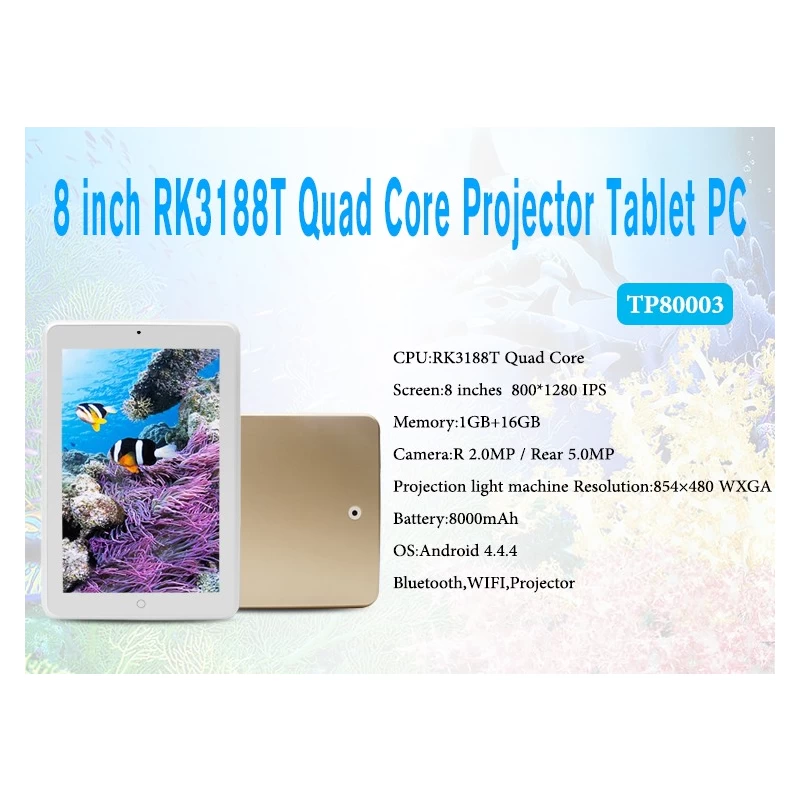 Китай 8-дюймовый четырехъядерный процессор RK3188T, 1 ГБ, 16 ГБ, 1280*800, Android 4,4, 8000 мАч, планшет-проектор, TP8003 производителя