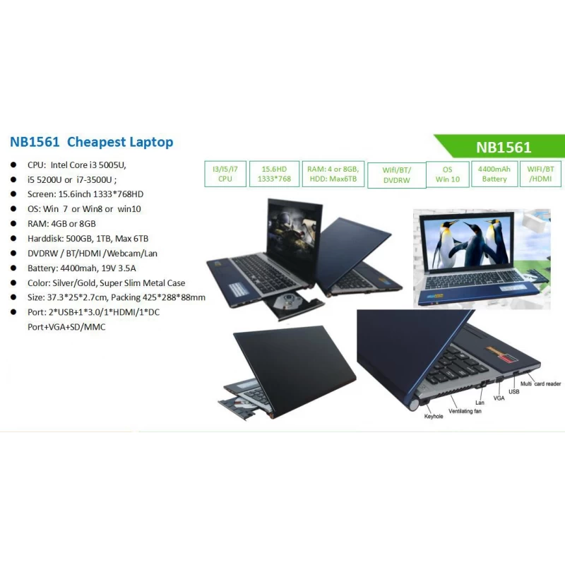 China Low price OEM laptop 15.6 inch Intel i3/i5/i7 quad core 1336*768 4G/8G memory 500G/1TB/2TB/6TB hard drive support HDMI RJ45 DVDRW metal shell laptop NB1561 manufacturer