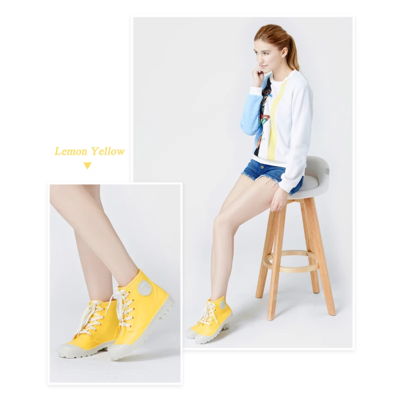 China Lemon yellow fashionable ankle high lace up pvc rain boots manufacturer