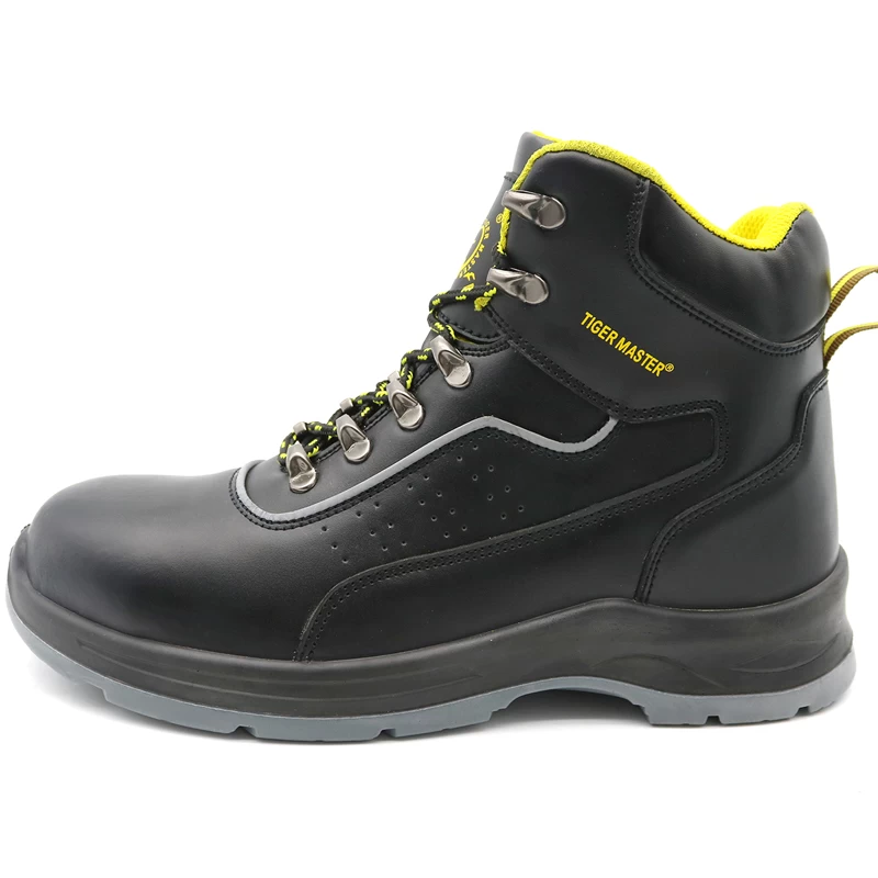 China TM2103 new black leather non slip steel toe puncture proof industrial safety boots S1P manufacturer