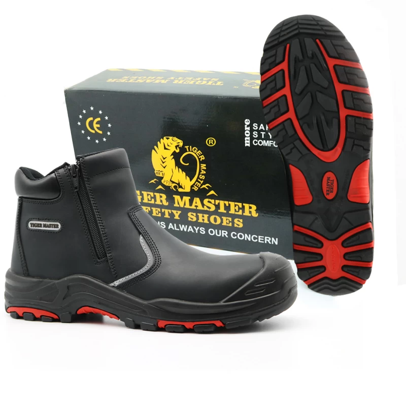 porcelana TM7004 cuero negro aceite resistente al agua punta de acero previene pinchazos zapatos de seguridad para hombres sin cordones fabricante