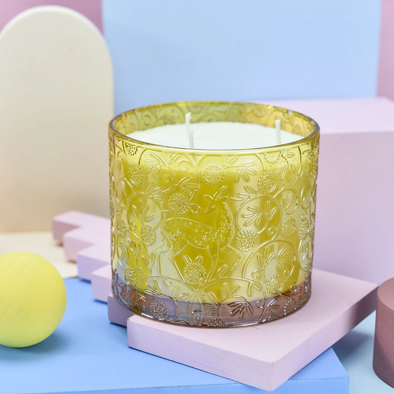 porcelana Proveedores de portavelas al por mayor Tarro de vela de cristal con patrón de ciervo amarillo fabricante