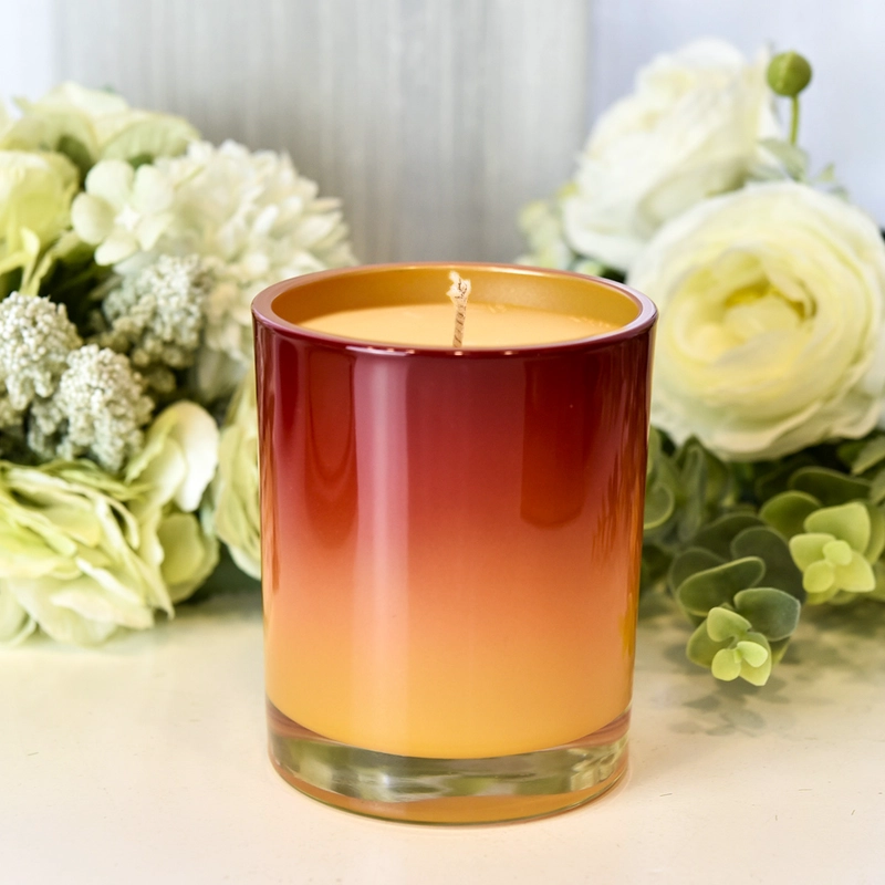 China Großhandelskerzenglas aus rotem Glas mit orangefarbenem Farbverlauf und Sprühfarbe für die Kerzenherstellung Hersteller
