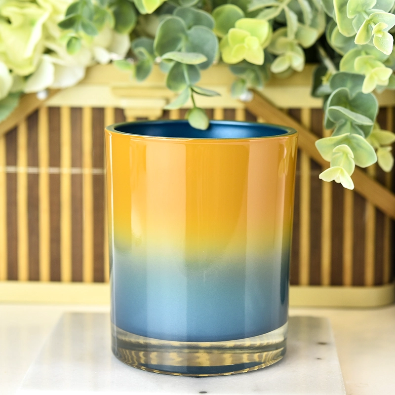 China Kerzenbehälter aus Glas mit geradem Rand im Großhandel, blaue Farbverlauf-Orange-Dekoration Hersteller