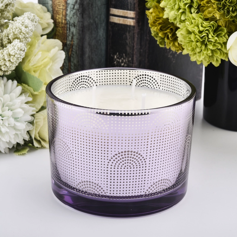 porcelana Tarro de vela de cristal con diseño geométrico de lunares morados de tres núcleos personalizado de 500 ml fabricante