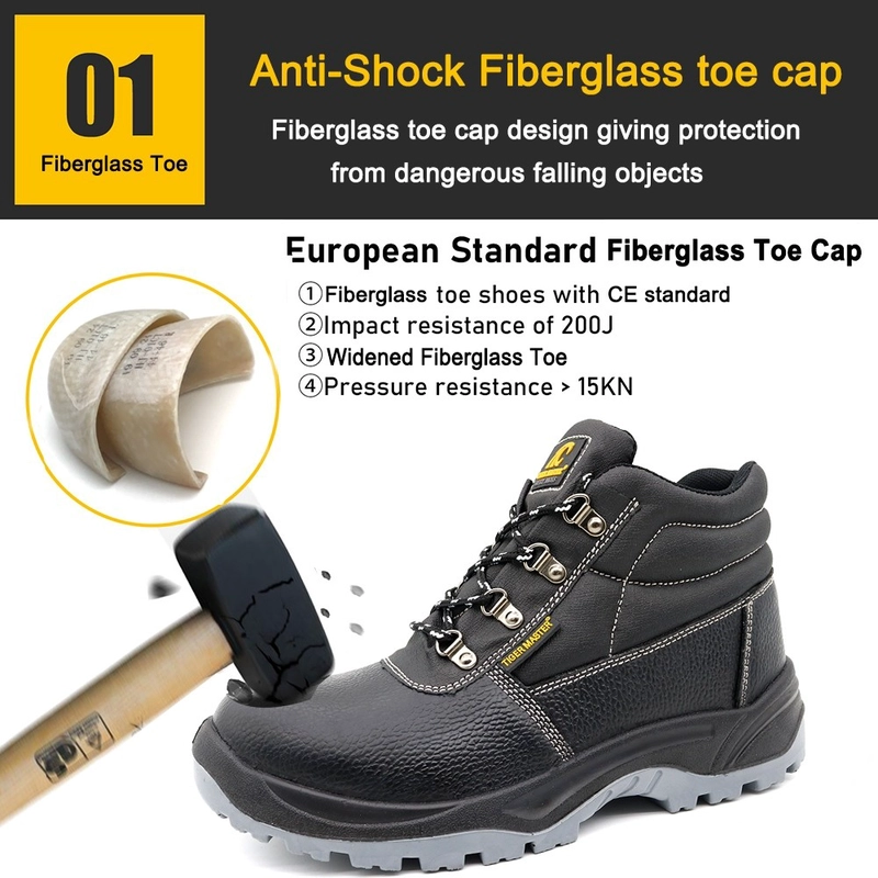 China TM008 EU-Fiberglas-Zehe, pannensichere Sicherheitsstiefel aus schwarzem Leder für die Industrie Hersteller