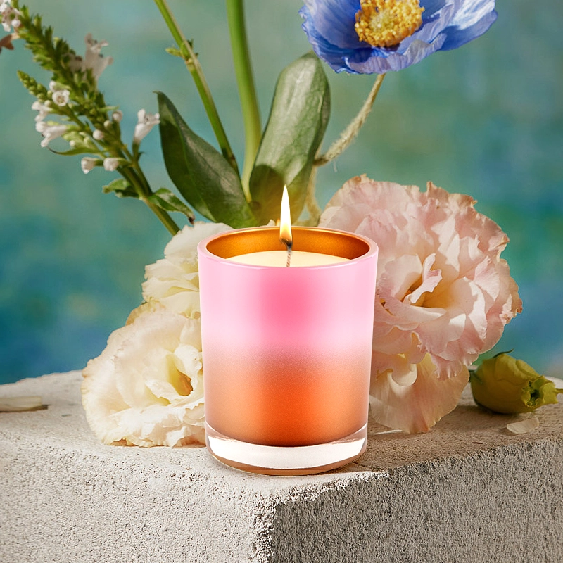China Luxuriöser, maßgeschneiderter Kerzenbehälter aus Glas mit geradem Rand in Orange und Rosa im Großhandel Hersteller