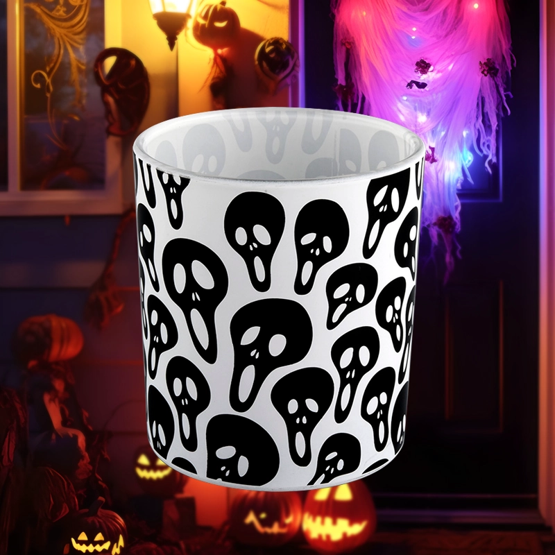 高級白ガラス キャンドル ジャー ハロウィン ブラック スケルトン グラフィティ キャンドル ジャー卸売