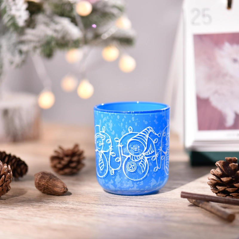 Barattolo portacandele in vetro blu con motivo pupazzo di neve di Natale all'ingrosso con coperchio