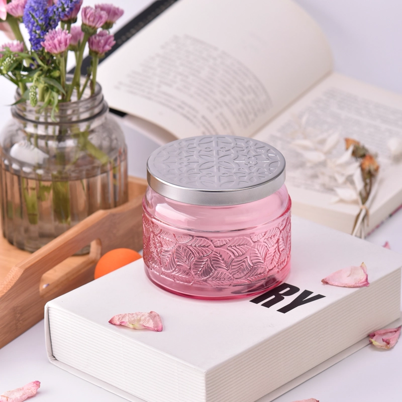 Wholesale Pink Embossed Glass Candle Jars with Metal Lids