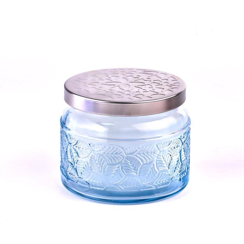 Wholesale Sky Blue Embossed Glass Candle Jars with Hammered Silver Metal Lids