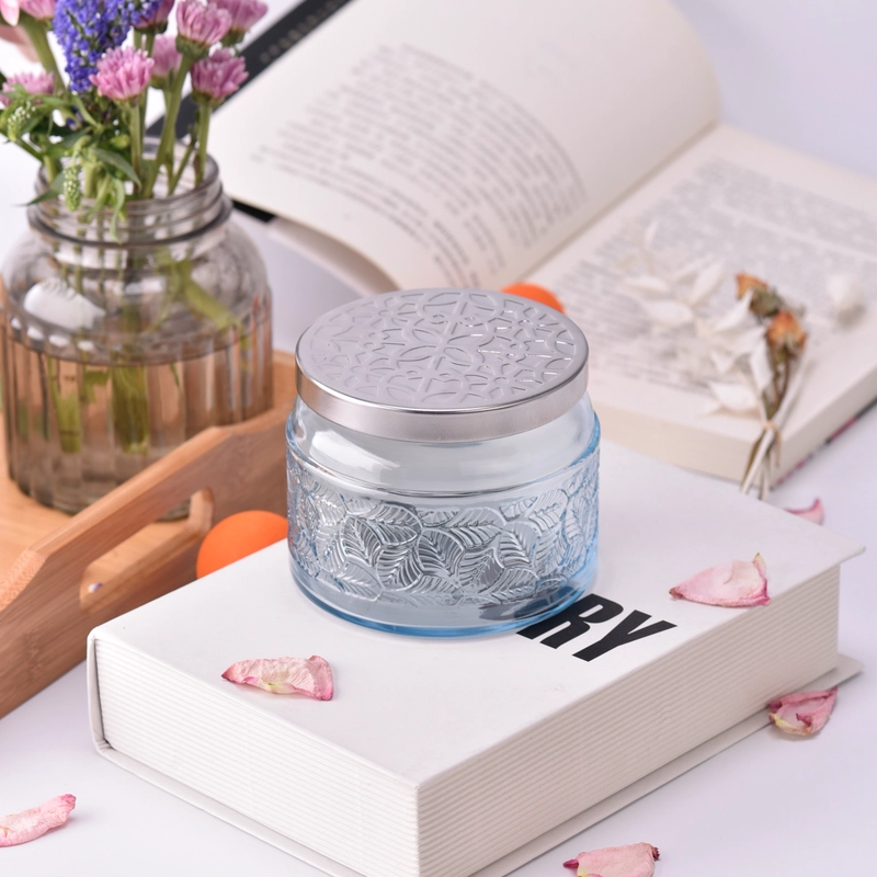Wholesale Sky Blue Embossed Glass Candle Jars with Hammered Silver Metal Lids