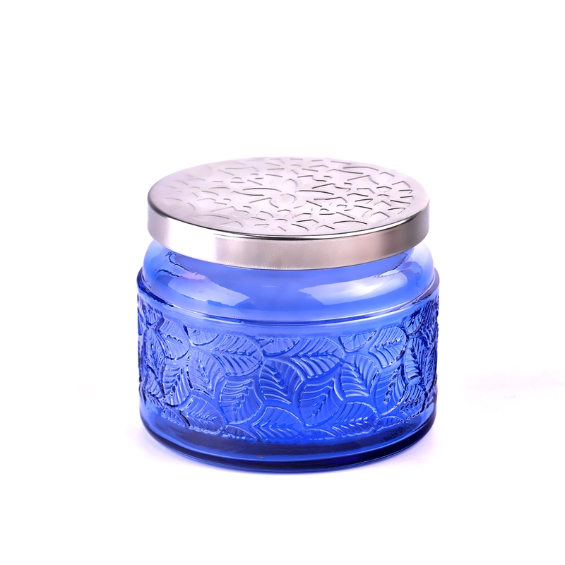 Custom Modern Cobalt Blue Embossed Leaf Glass Candle Jars with Hammered Silver Metal Lid
