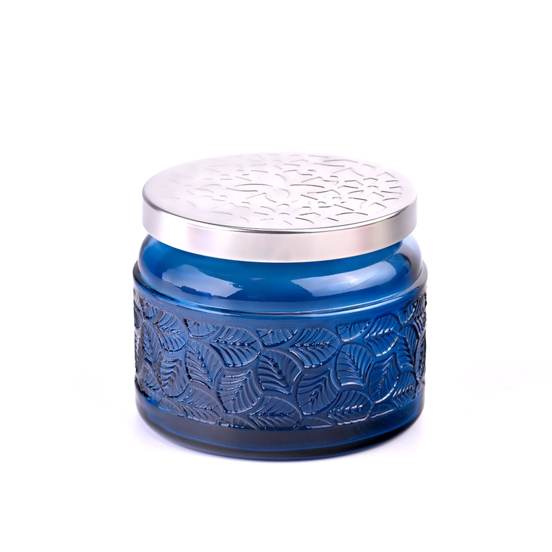 Luxury Blue Glass Candle Jar with Embossed Lid