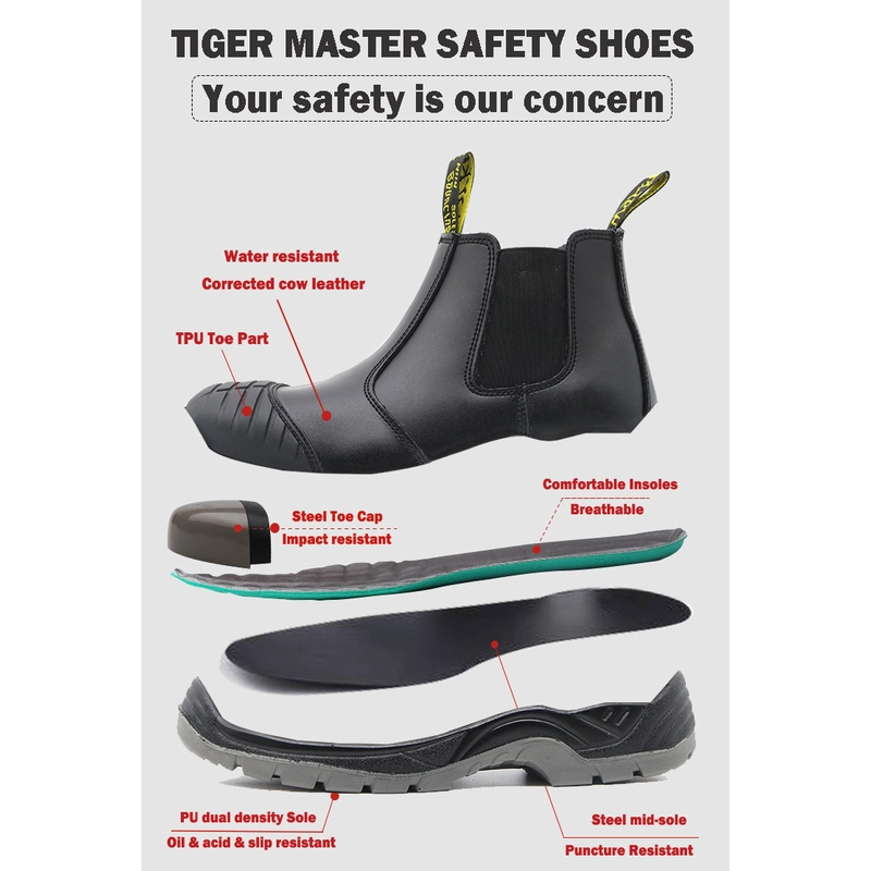 China TM062 Black cow leather anti slip pu sole steel toe safety shoes without laces for men manufacturer