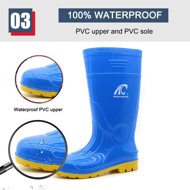 中国 GB07 CE 蓝色防水闪光 pvc 钢头安全雨鞋 制造商