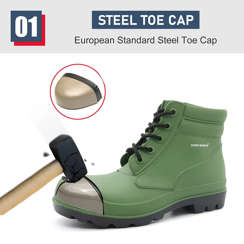 China GBA grüne, wasserdichte CE-Knöchel-PVC-Sicherheitsregenstiefel mit Stahlkappe Hersteller