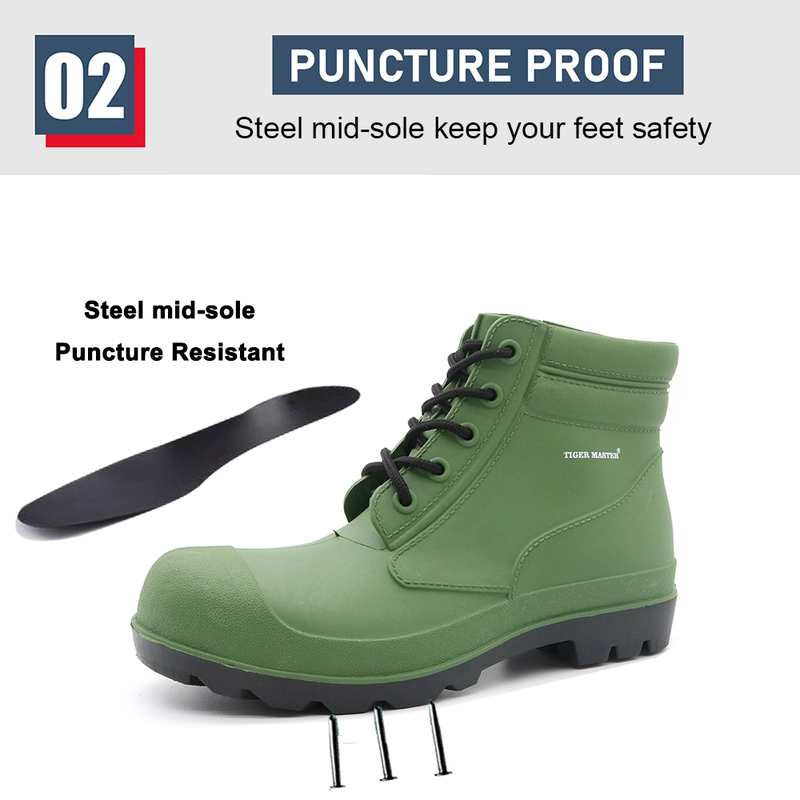 China GBA grüne, wasserdichte CE-Knöchel-PVC-Sicherheitsregenstiefel mit Stahlkappe Hersteller