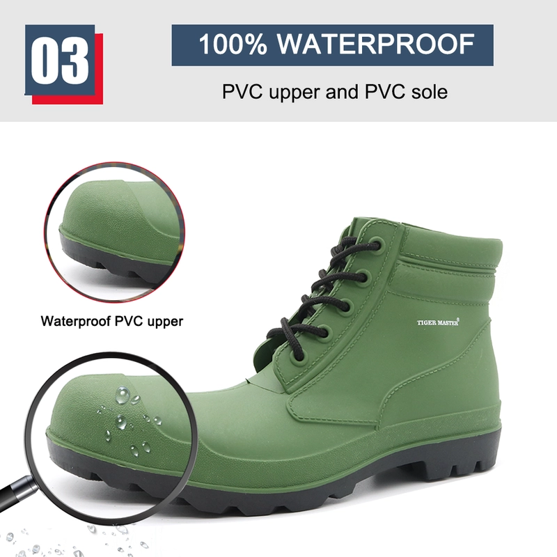 China GBA grüne, wasserdichte CE-Knöchel-PVC-Sicherheitsregenstiefel mit Stahlkappe Hersteller