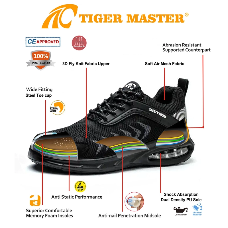 Chine TM3142 Chaussures de sécurité de travail respirantes à bout en acier légères noires pour hommes fabricant